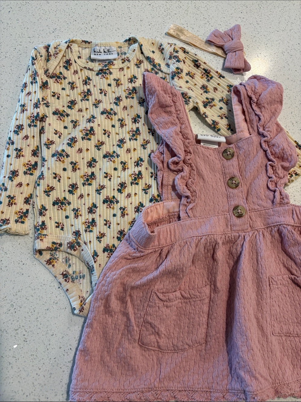 Nicole Miller NY Mauve Ruffled Pinafore Dress with Floral Bodysuit and Bow- 12m